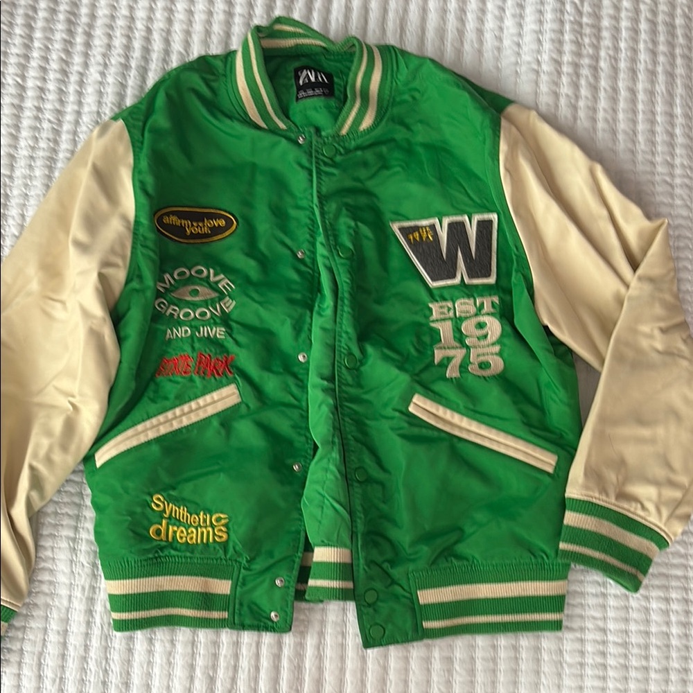 Green and Tan Zara Varsity Jacket